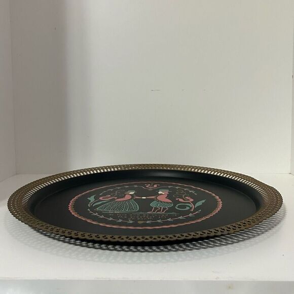 Vtg Toile Ware 1950s Toleware Tray 15" Black & Gold Cutout Metal Hand-painted - Picture 4 of 9